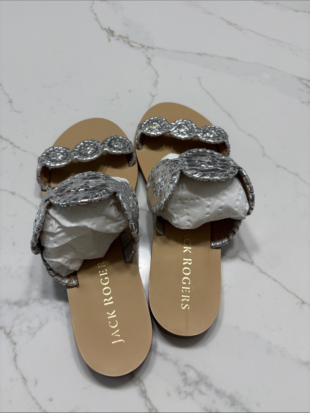 Jack Rogers Silver Beaded Double-Strap Slide Sandals - Picture 6 of 8